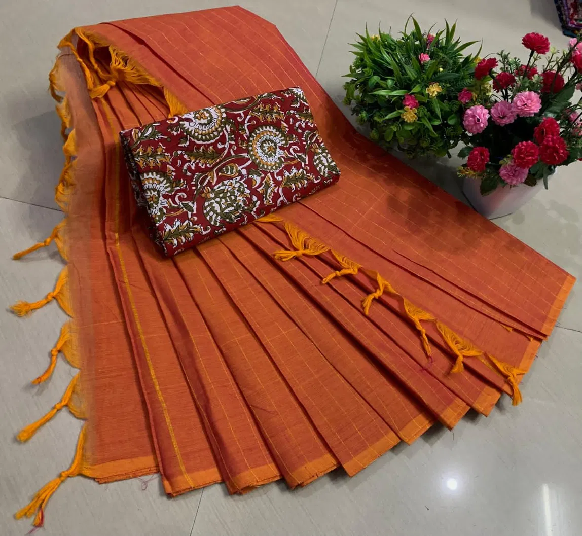 80's Chettinad Cotton Saree with Kalamkari Blouse - Bottle Green